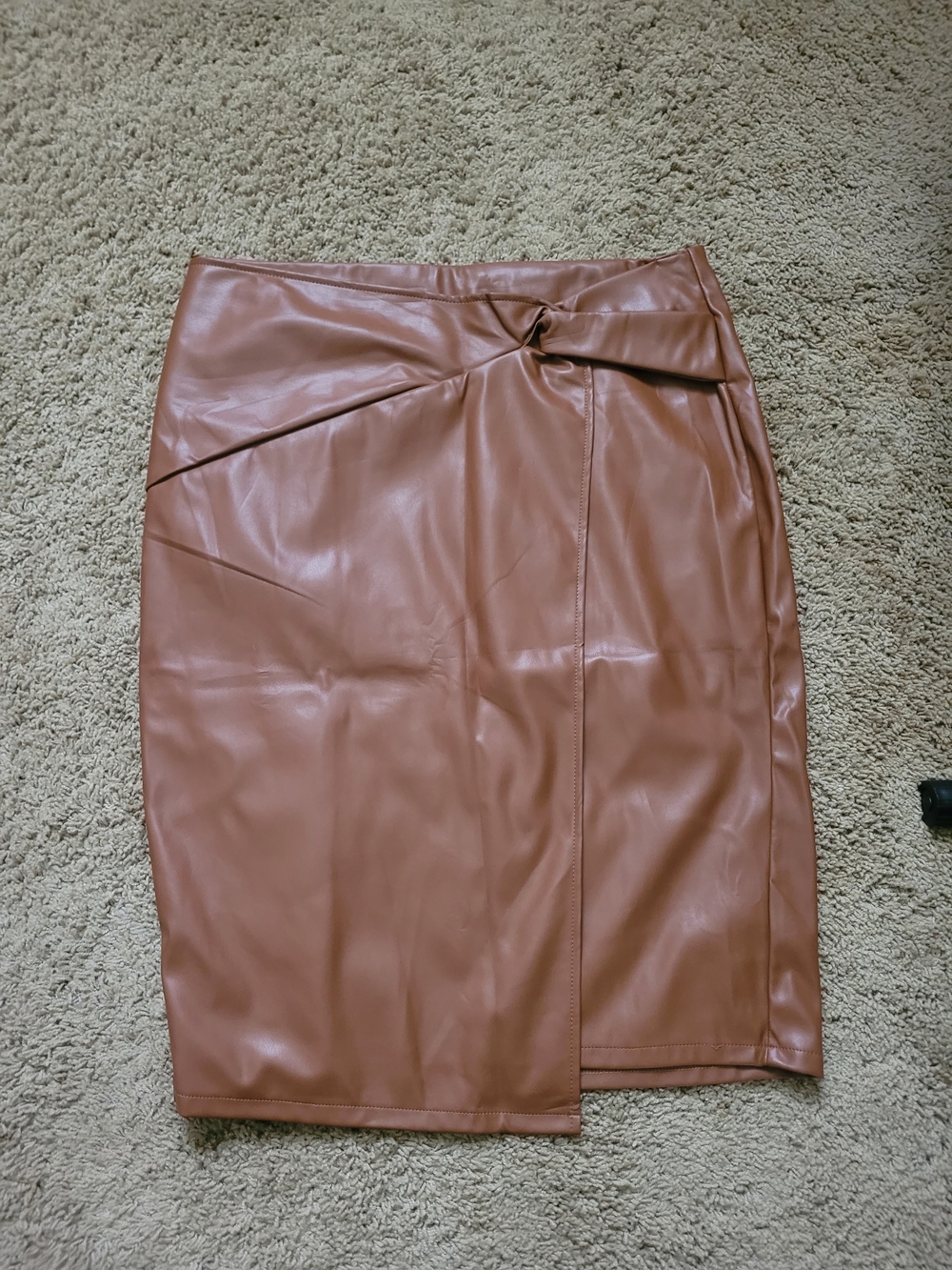 Twist-Front Faux Leather Midi Skirt - Brown